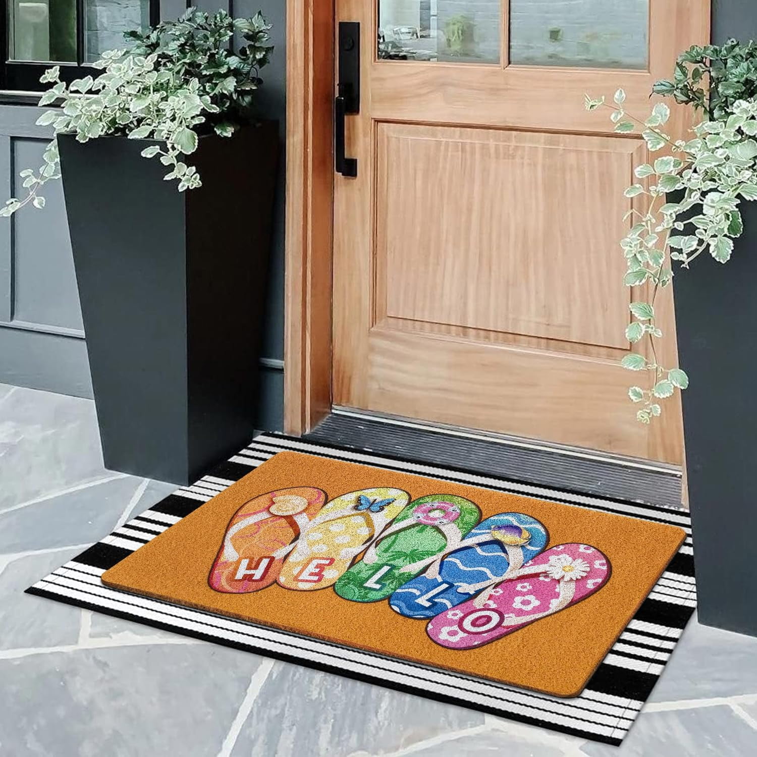 Summer Hello Flip Flops Coir Door Mat for Front Door, Nautical Beach Slippers Outdoor Welcome Mats for Entrance,Garden,RV,Patio,Home Porch Decor Doormat 30x17 Inch