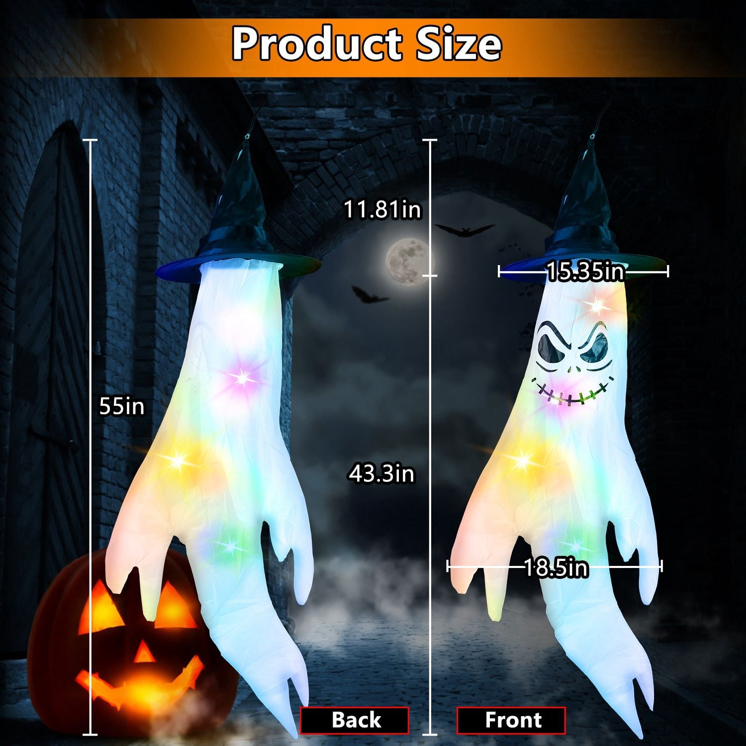 4Pcs Hanging Ghost Windsocks with Witch Hats LED String Lights Halloween Outdoor Decor