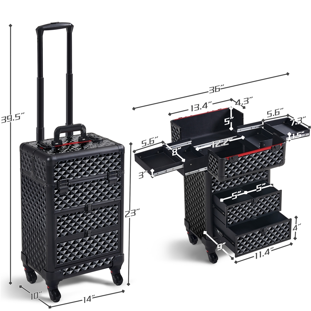 Alden Design Professional Rolling Makeup Train Case Large Locks Cosmetic Trolley Black