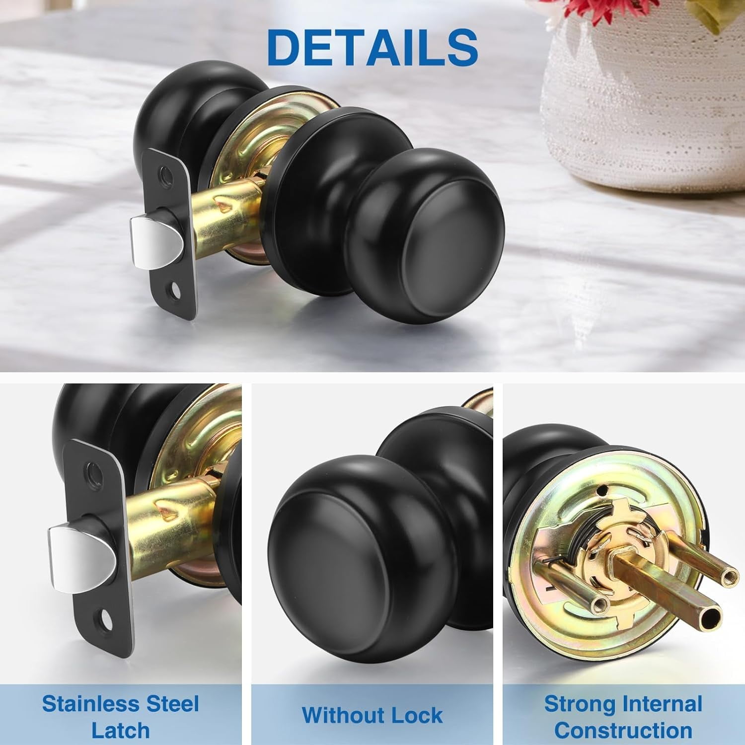 Black Door Knob, 5 Pack Round Keyless Doorknobs Interior/Exterior Lockset, Passage Locking Door Knobs for Bedroom/Bathroom, Black Modern Design Door Hardware