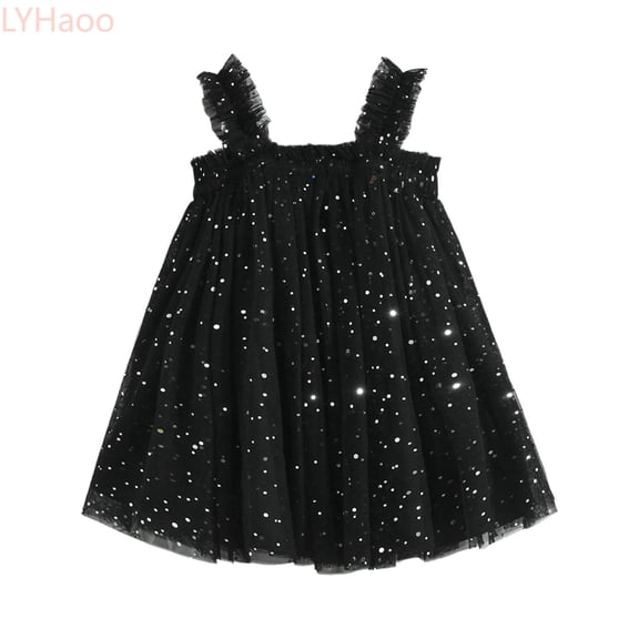 LYHaoo Girls Summer Party Dress With Star Moon Layer Sparkly Puff Sleeveless Dress For Toddler Kids Holiday Celebration,Princess Casual Dresses Sizes 3-4 Years Black