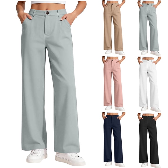 Afuyipoi Girls High Waist School Uniform Suit Pants Size 5-15 Casual Straight Leg Trousers with Pockets for Kids Back to School Everyday Wear Gray Size 7