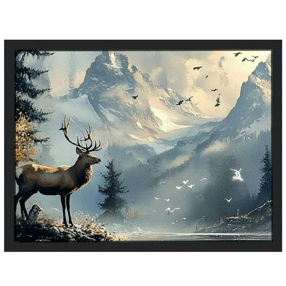 NIJIAN Canvas Wall Art For Living Room Framed Wall Decor For Bedroom Office Wall Decoration Mountain Forest Landscape Ink Paintings Deer Wall Pictures Artwork Modern Aesthetic Home Decor