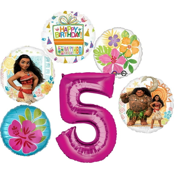 Moana Party Supplies 5th Birthday Balloon Bouquet Decorations - Pink Number 5