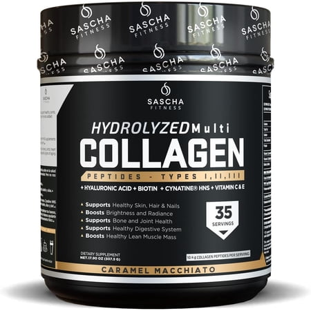 SASCHA FITNESS Hydrolyzed Multi Collagen Peptides Tipes 1 2 & 3 |Hyaluronic Acid|Biotin |Cynatine HSN|Vitamin C & E |for Hairs  Skin & Bone Support|Caramel Macchiato