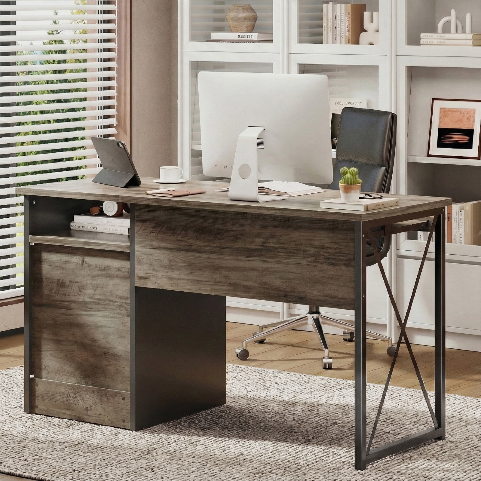 Bestier Home Office Desk 47" Computer Desk Small PC Table with Keyboard Tray and Storage Cabinet,Wash Gray