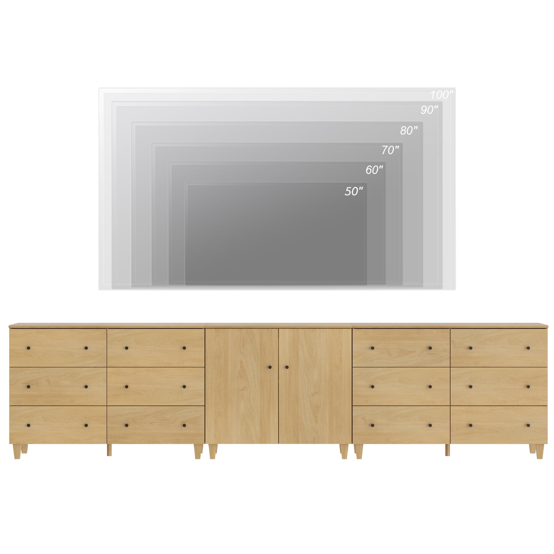 WAMPAT Wide TV Stand for 110+ Inches TVs, 3-in-1 Modern Wooden Media Console with 12 Spacious Drawers and 1 Storage Cabinet for Living Room, Oak