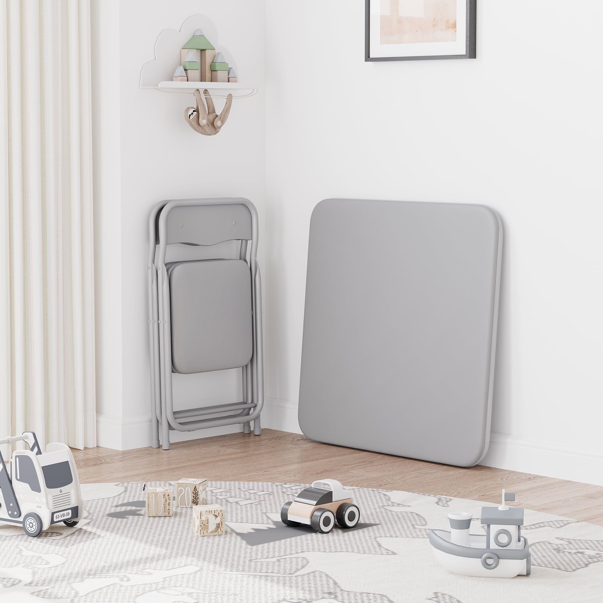 Rugerasy 3PC Folding Upholstered Table and Chair, Square Card Table and Chair Set with Pu Soft Cushion, Metal Frame Activity Table and Chairs Set for Daycare and Classroom,Grey