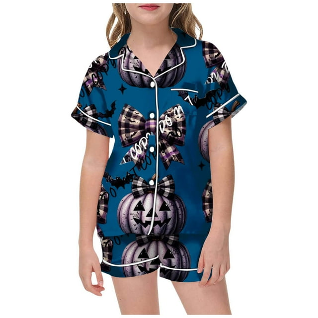 Ediodpoh Halloween Girls' Summer Outfits - Two Piece Set Featuring Short Sleeve Button Down Tops with Patterns Paired with Comfortable Shorts for Kids Casual Wear Kids Casual Set Dark Blue 4-5 Years