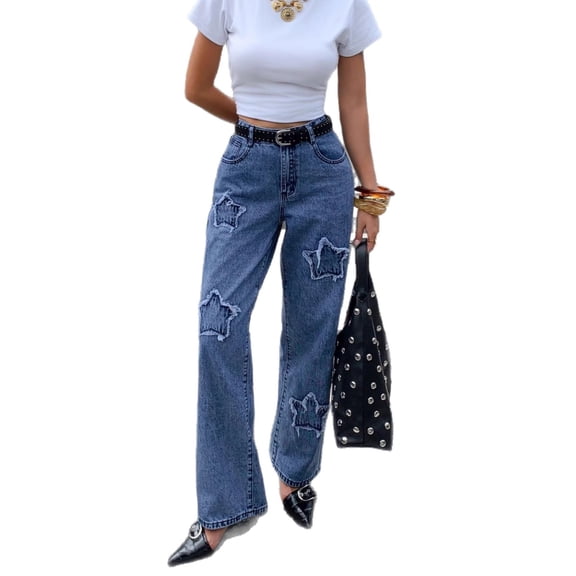 Iyufng Wide Leg Star Design Jeans for Women Fashion Casual Straight Jeans