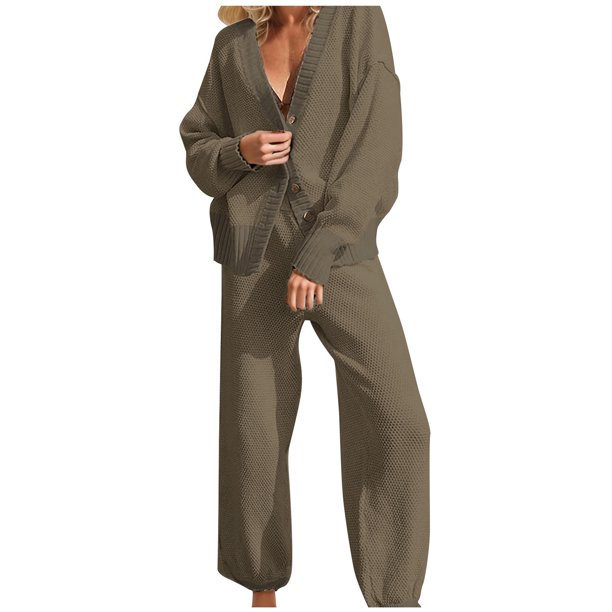 Gibobby Conjunto de sudadera y pantalones Mujer Otoño Invierno Casual Cuello En V Color Sólido Botón Manga Larga Chaqueta Pantalones Traje(Caqui,G)
