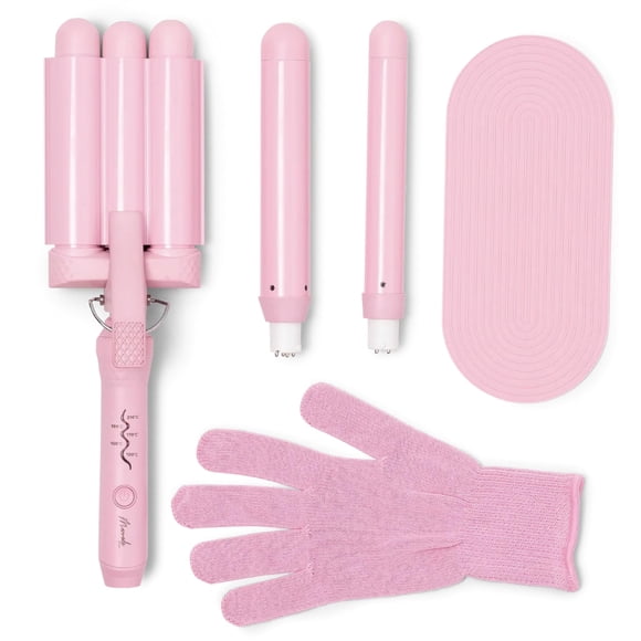 Mermade Hair Varita estilo 3 en 1 - Hair Waver 3 barriles rizador de 1 1/4 pulgadas 1 pulgada rizador de cerámica barril ondulador y rizador con guante térmico mate y mango intercambiable - rosa