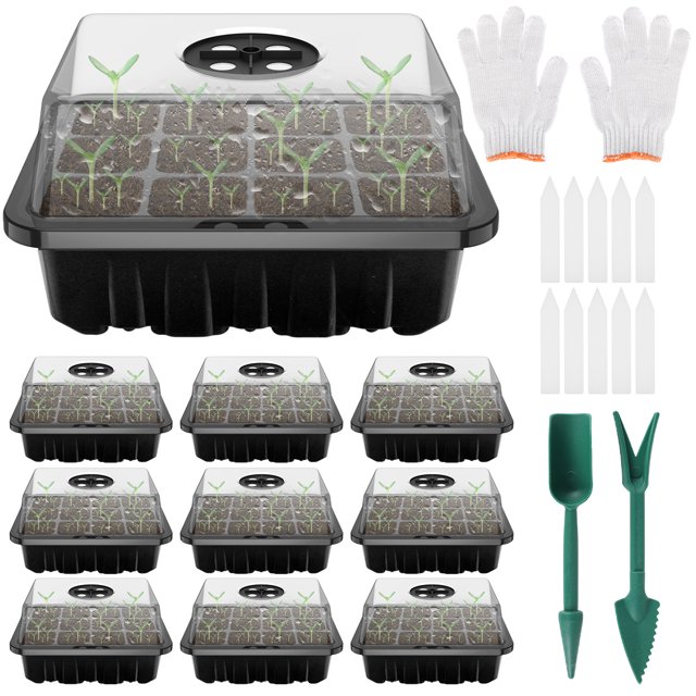 Kit De Inicio De Plántulas De Plástico 10 Piezas Kit De Bandeja De Inicio De Semillas De 12 Agujeros Con Ventilaciones Ajustables Juego De Propagador De Semillas Multifuncional Con Herramientas De Tra Muyoka Hogar