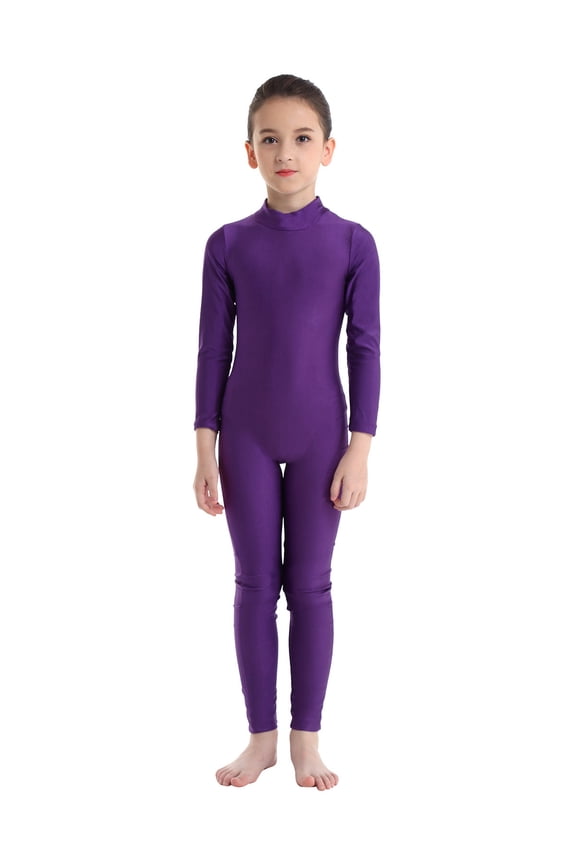 Kids Boys Girls Turtleneck Long Sleeve Unitard Jumpsuit Gymnastic Leotard Purple 9-10