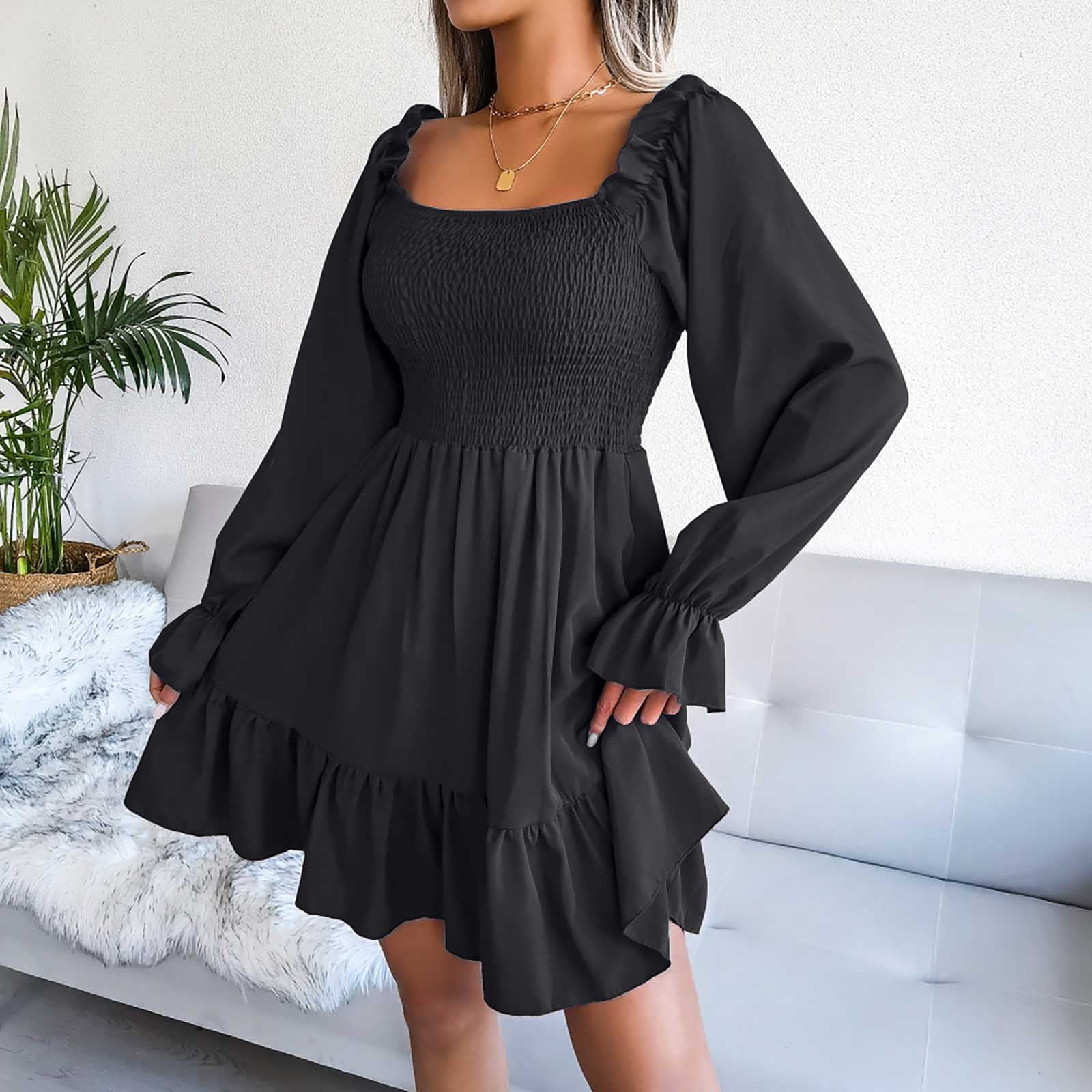 Dresses for Women 2023 Puff Long Sleeve Square Neck Smocked Knee