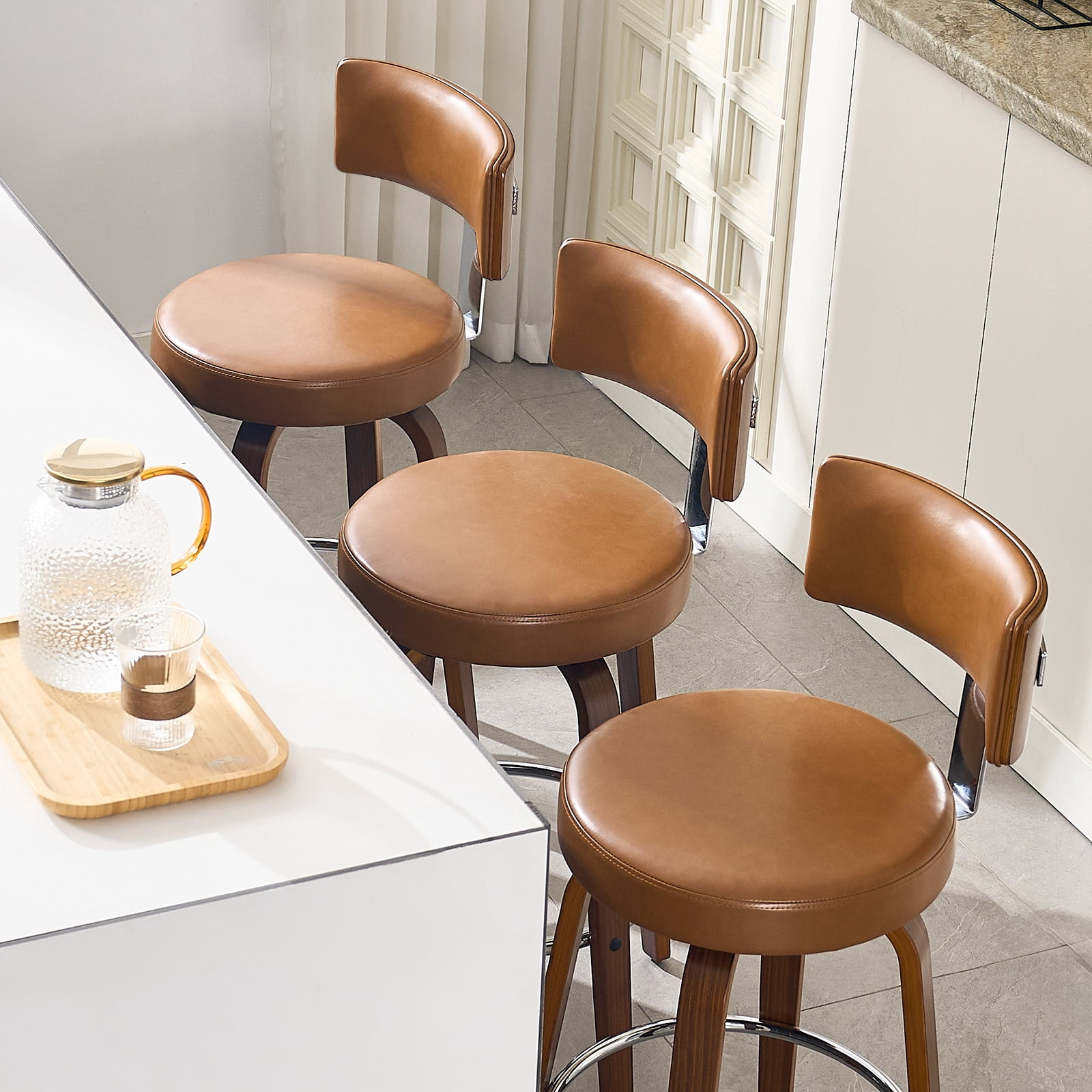 WOOW DEPOT PU Swivel Bar Stools Set of 2, 26" Seat Height Modern Upholstered Bar Chairs w/ Mid-back Round Seat Walnut Legs Leather Island Stools for Kitchen Counter
