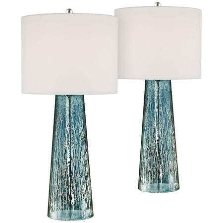 360 Lighting Coastal Table Lamps Set of 2 Blue Mercury Glass Tapered Column White Drum Shade for Living Room Family (Best Shade Of Blue For Bedroom With Night Sky Theme)