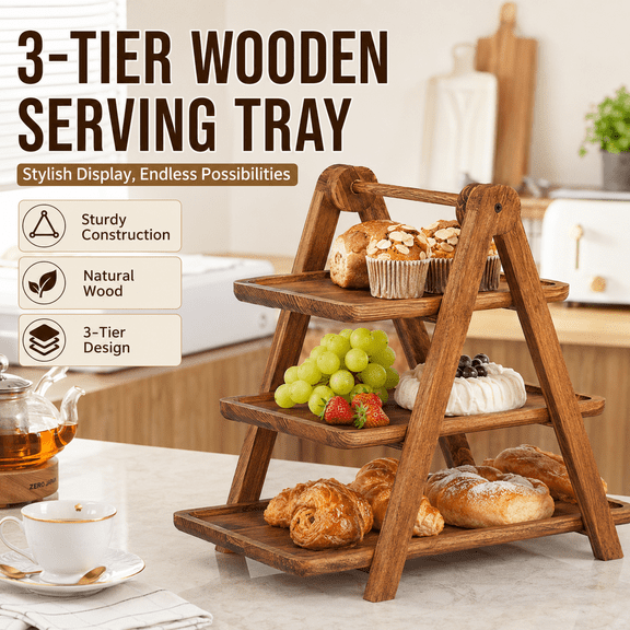 VALUNE Extra Large Wood 3 Tier Cupcake Stand Three Tiered Serving Tray, Wooden Farmhouse Rectangle Serving Platter, Brown Decorative Tray Decor for Party Serving