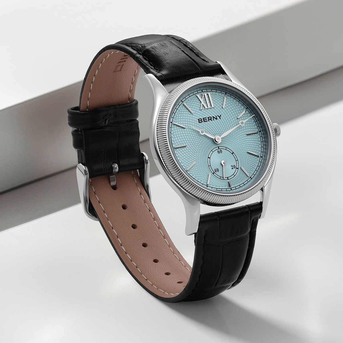 BERNY Silver Watch for Men, Ultra-Thin Minimalist Leather Watch, Stainless Steel Case, Waterproof Analog Quartz Watch, Business Dress Watches with Small Seconds (Light Blue)