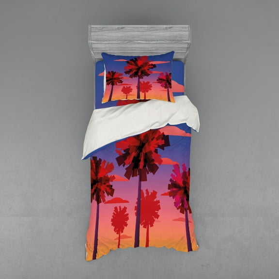 Ambesonne Abstract Bedding Set 3 Pcs, Modern Sunset Tropic Trees, Twin XL, Multicolor