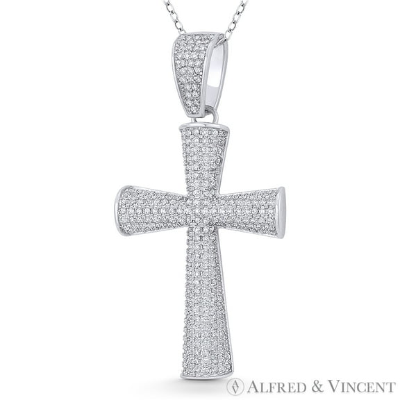 Pattée / Formée Cross Cubic Zirconia CZ Crystal Pave 51x26mm (2x1in) Christian Pendant & Chain Necklace in .925 Sterling Silver w/ Rhodium