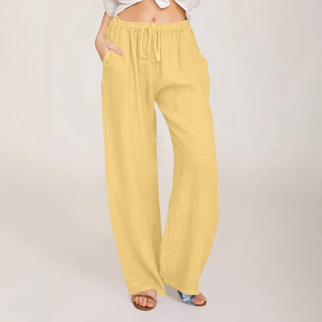 Meichang Womens Linen Pants Summer Wide Leg Pants with Pockets Elastic Waisted Drawstring Long Trousers Solid Color Cotton Linen Pants with Pockets