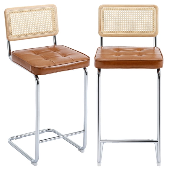 Zesthouse 30″ Rattan Bar Stools Set of 2, Faux Leather Bar Height Island Chairs with Cane Back, Mid Century Modern Cantilevered Design Barstools for Kitchen Island, Brown
