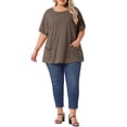 thumbnail image 2 of Blusa casual de talla grande para mujer Agnes Orinda, con cuello redondo, manga corta, color sólido, verano, con bolsillos, 1X café, 2 of 6