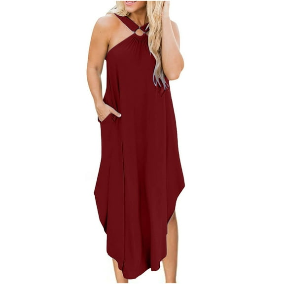 IROINNID Asymmetrical Dress For Women Strapless Sleeveless Summer Casual Sexy Halter Irregular Hem Dress Round Neckline Solid Color Dress