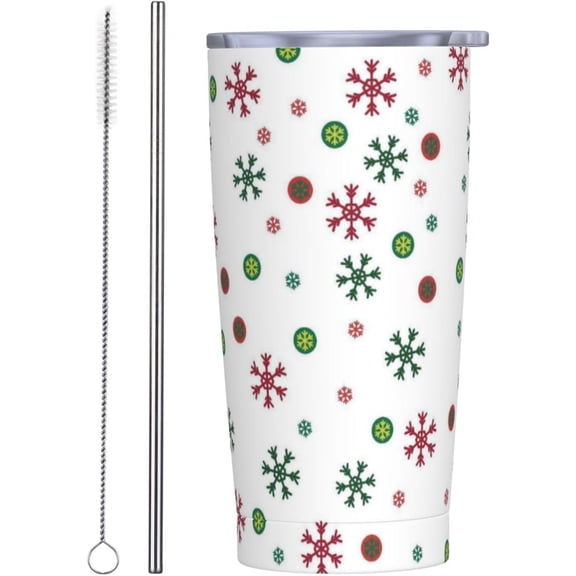 Christmas Snowflake 20oz Tumbler, Red Green Snowflakes Stainless Steel Travel Coffee Mug with Lid Straw, Winter Holiday Xmas Double Wall Vacuum Insulated Coffee Cup for Hot and Cold Drinks
