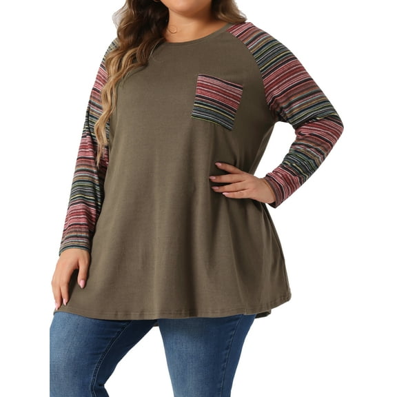 Plus Size Tunic Tops for Women Long Sleeve Raglan Color Block Knit Pullover Shirts with Pockets 1X Coffee