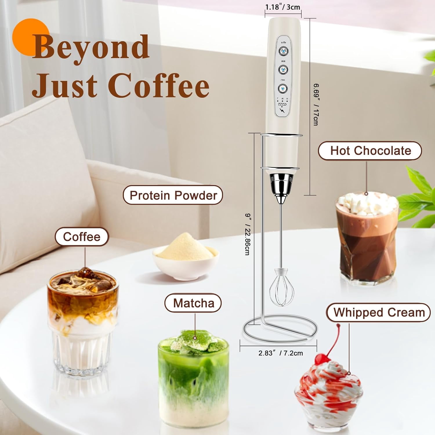 Milk Frother Handheld Rechargeable With Stand  Wand Drink Mixer Electric Whisk For Coffee Detachable 3 Stainless Whisks Hand Lattes Cappuccino Matcha Egg Beige