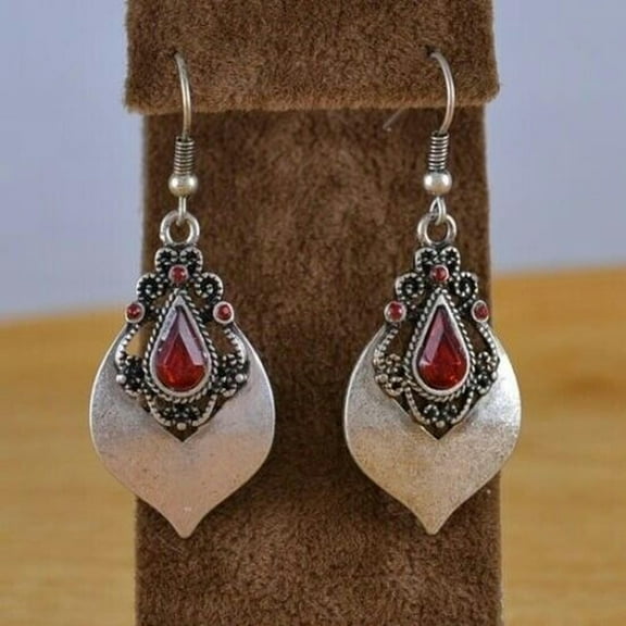 QQTDFG Vintage 925 Silver Ear Hook Moonstone Dangle Drop Earrings Women Wedding Jewelry-Red