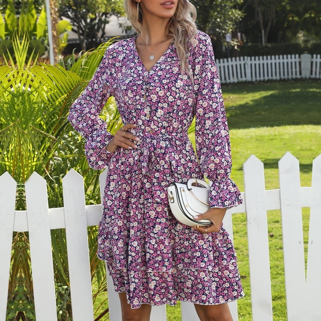 Vestido Plisado, Vestido De Manga Larga, Diseño Floral Dulce De Belleza Con Cuello En V, Diseño De Amarre Para Vacaciones ANGGREK Otros