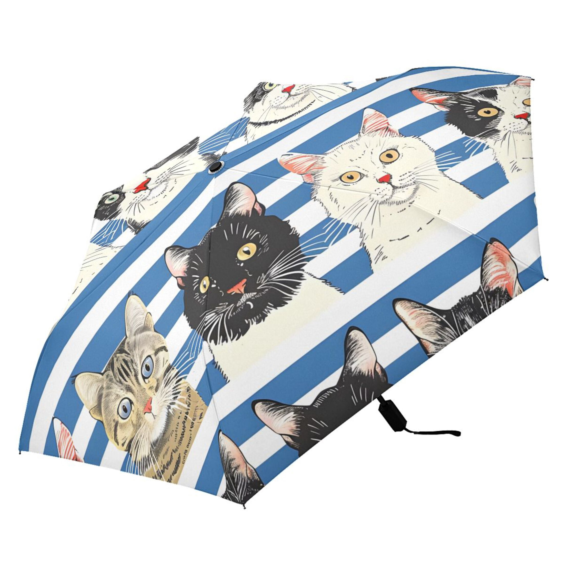 Cats with Blue White Striped Compact Sun Umbrella Windproof Travel Umbrellas for Rain Strong Portable UV Protection