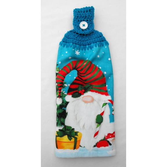 CHRISTMAS HOLIDAYS - SANTA GNOME WITH PRESENT- HANDMADE DOUBLE THICK/FULL HANGING KITCHEN TOWEL