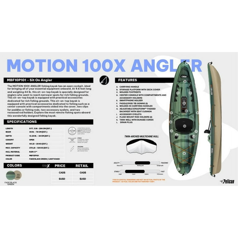 Pelican - Motion 100X - Sit-on-Top - Angler Fishing Kayak - 10 ft - Fade  Black Green