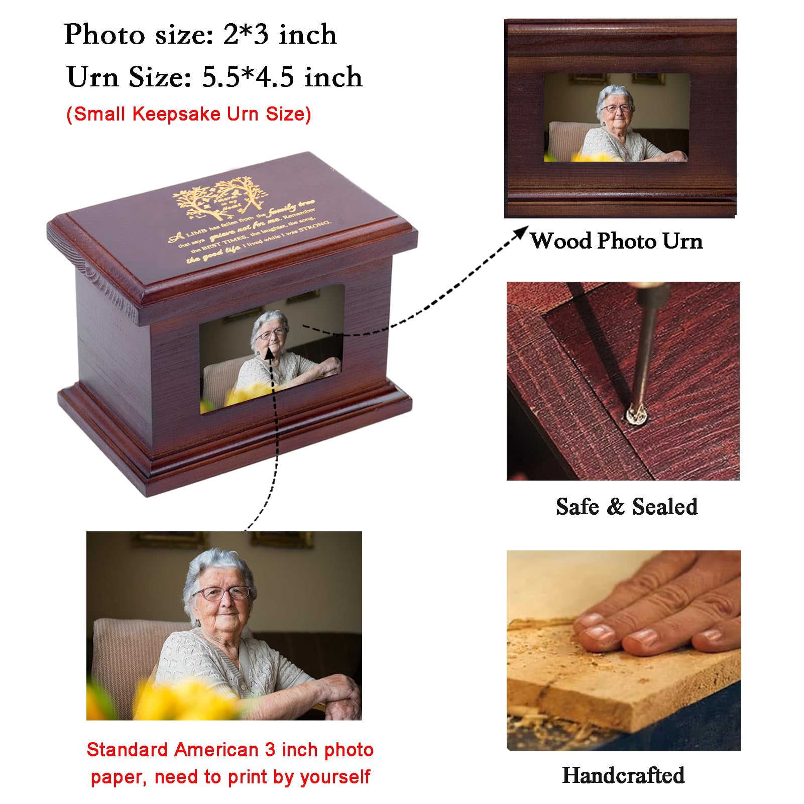 6 Inches Small Wood Urns for Ashes, Funeral Memorial Urns with Photo Frame, Small Urns Keepsake Wooden Urns Box and Casket, Picture Frame Keepsakes Urns for Human/Pet Ashes-Tree