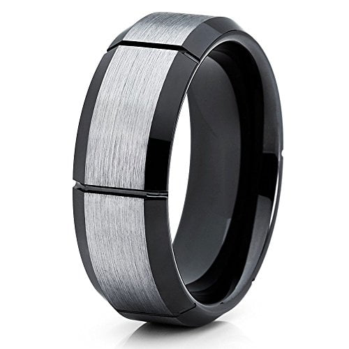 Silly Kings 8mm Tungsten Carbide Wedding Ring Brush Silver Beveled Edges Black Grooves Band Unisex