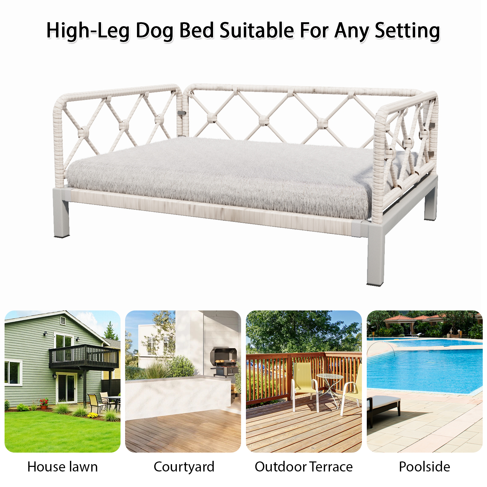 Wallowsun Wicker Dog Bed with 2'' Cushion,Rattan Dog Sofa Bed for Small Medium Dogs– Indoor/Outdoor Metal Frame Pet Bed up 66lbs (White Rattan Grey Cushion)