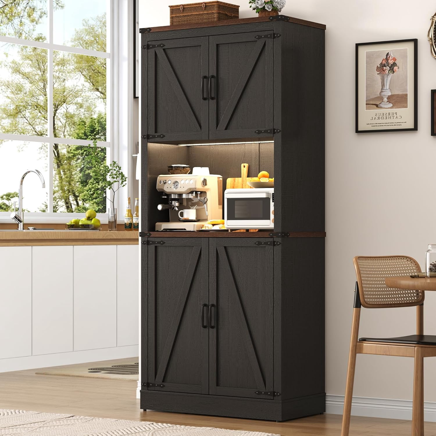 72" Tall Farmhouse Kitchen Pantry Cabinet with 10 Side Shelves and LED Light & Power Outlet, 5 Layers Pantry Storage Cabinet with Barn Doors&Load-Bearing Steel Pipe for Dining Room,Living Room