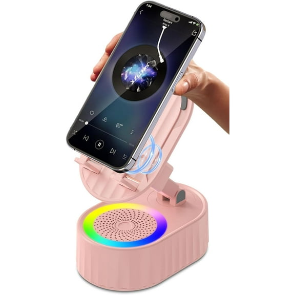 Wireless Induction Audio Bluetooth Speaker 5in1 Phone Holder Emergency Rechargeable (3000mAh) with Colorful Ambient Light 300° Foldable for Tablet iPhone Android, Gifts for Men Women (Black)