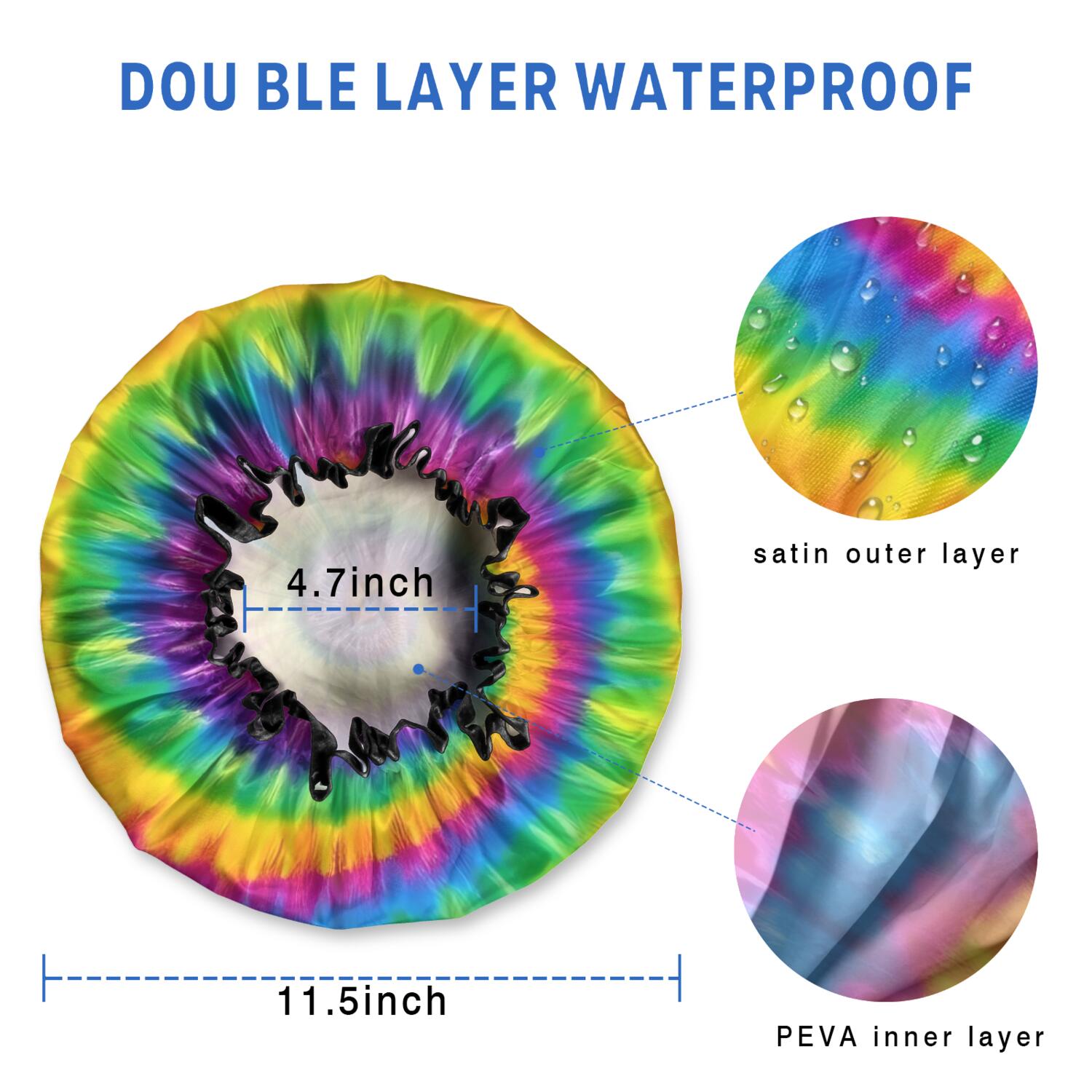 Shower Caps,Rainbow Tie Dye Mandala Pattern Waterproof Shower Cap for Women 4 Pieces,Double Reusable Hair Cover for Shower PEVA Elastic Stretch Hem