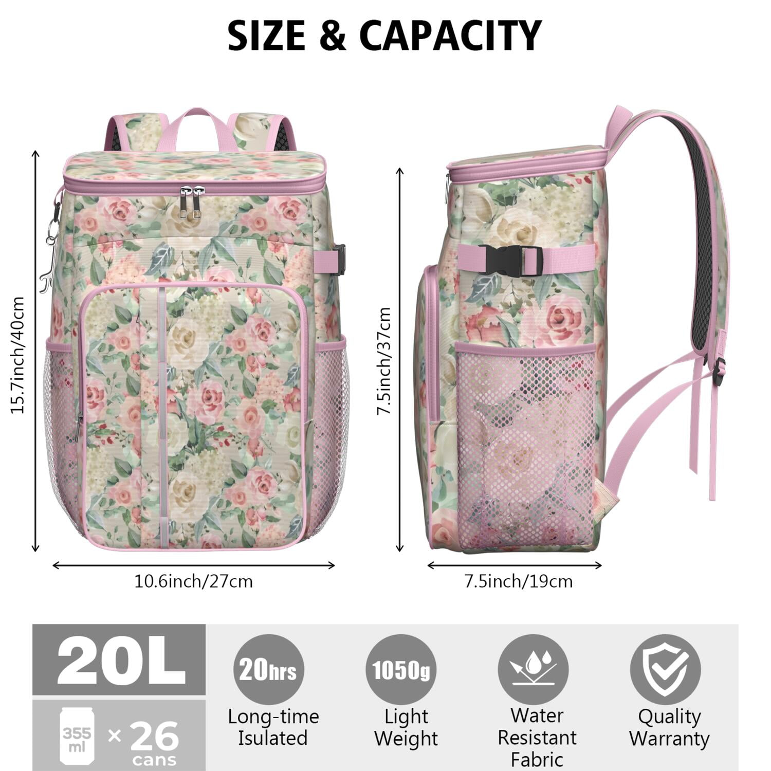 Travel Cooler Bag - Pioneer Flower Floral Print Pattern Camping Beer Cooler Backpack with Bottle Opener- Waterproof Insulated Picnic Backpacks - Cooler Bag for Beach