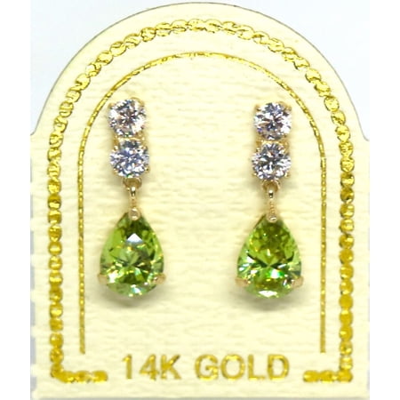 Cute 14K Yellow Gold Plated Lab-Created Peridot Round Teardrop Drop Women's Earrings