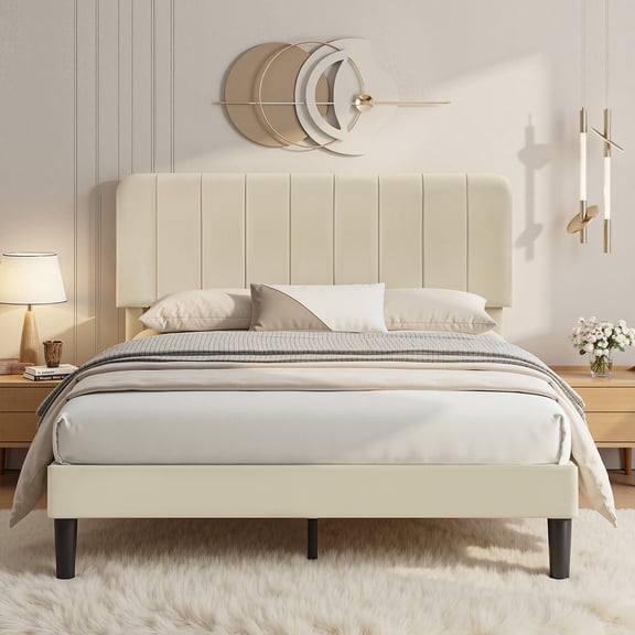 VECELO Queen Size Upholstered Beds, Modern Platform Bed Frame with Adjustable Headboard, Wooden Slats Support/No Box Spring Needed, Beige