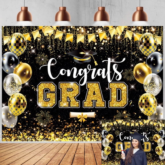7x5FT Congrats Grad Backdrop 2026 Graduation Party Decorations Black Gold Ballon Glitter Photography Background Class of 2026 School Party Supplies Vinyl