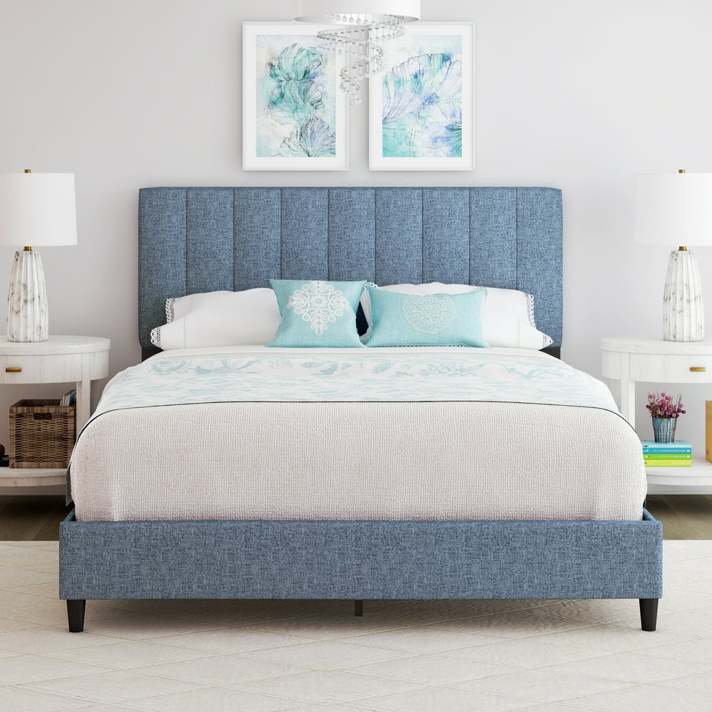 Premier Laura Linen Panel Upholstered Platform Bed Frame, Blue, Queen