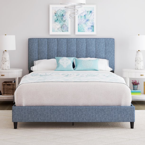 Premier Laura Linen Panel Upholstered Platform Bed Frame, Blue, King ...