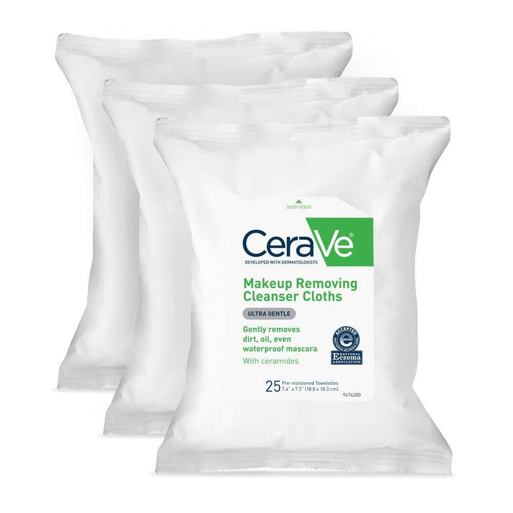 CeraVe Face & Eye Makeup Remover Wipes 3 Pack, 25 Count Each Gently